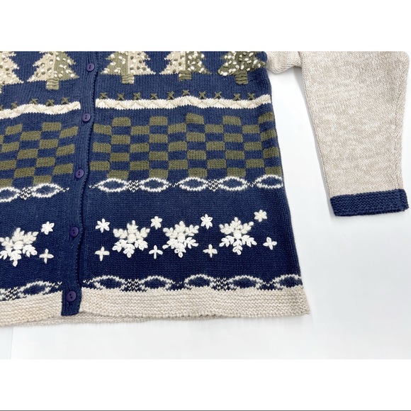 Navy Beige Button Down Embroidered Christmas Scene Sweater Knit Cardigan - Picture 15 of 16